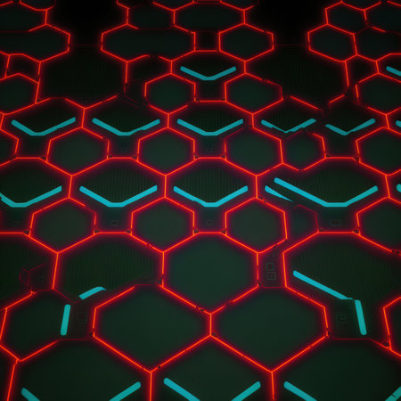 3D rendering of abstract hexagon background with neon glowing lines.の素材