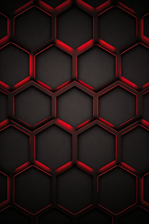 Black hexagon background with red neon light. 3d illustration.の素材