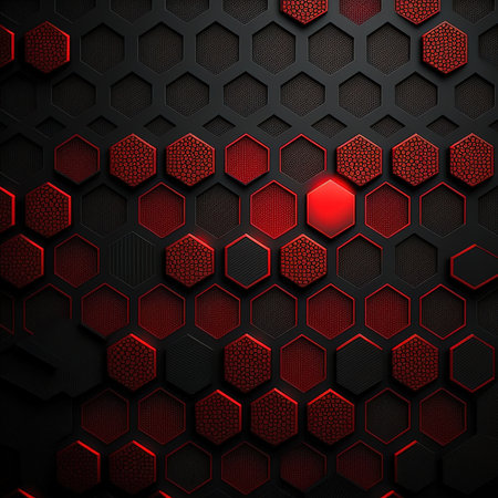Black and red hexagon pattern background. 3d render illustration.の素材