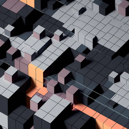 Abstract 3d rendering of chaotic black and orange cubes. Futuristic background.の素材