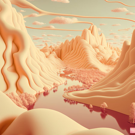 Desert landscape with river and mountains. 3d render illustration.の素材