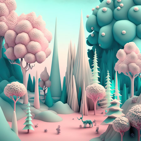 Fantasy forest with trees and animals. 3d render illustration.の素材