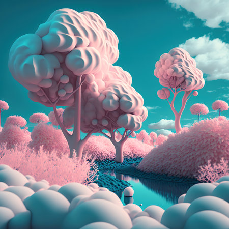 3d illustration of abstract background with trees and lake in the skyの素材