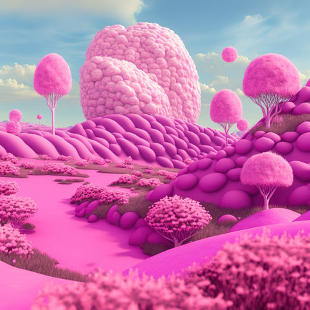 3d render of a fantasy landscape with trees and bushes in pinkの素材