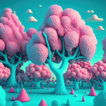 Fantasy landscape with a pink tree. 3d render, 3d illustration.の素材