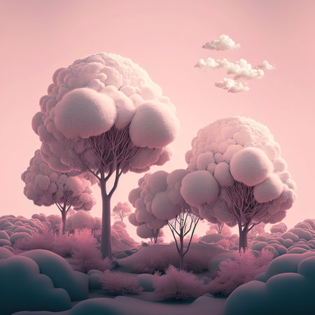 Fantasy winter landscape with trees and clouds. 3D illustration.の素材