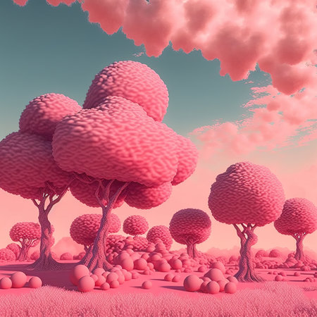 3d illustration of fantasy landscape with pink trees and clouds in the skyの素材