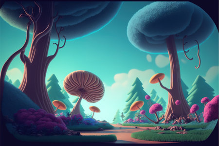 Fantasy landscape with mushrooms and trees. 3D illustration. Vector.の素材