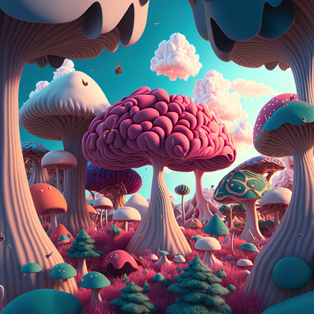 Fantasy landscape with mushrooms in the forest. 3d illustration.の素材