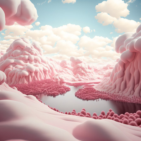 Fantasy landscape with lake and pink clouds. 3D illustration.の素材