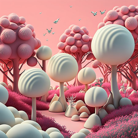 3d render of a fantasy landscape with trees and bushes. 3d illustrationの素材