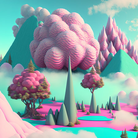 Fantasy landscape with mountains, trees and clouds. 3d illustrationの素材