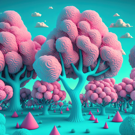 3d rendering of pink trees in the blue sky with white cloudsの素材