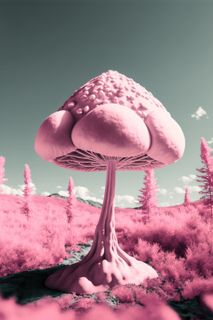 Mushroom on the grass. 3D illustration. Toned.の素材