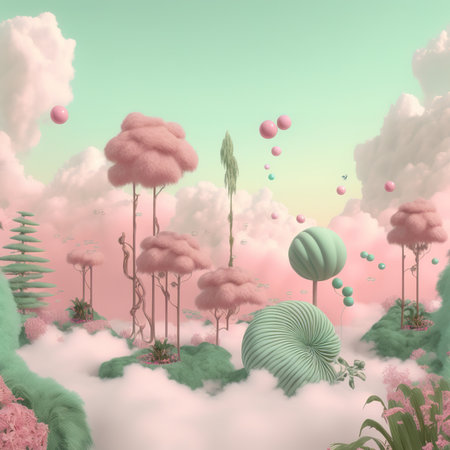 Fantasy landscape with clouds and fantasy trees. 3D illustration.の素材