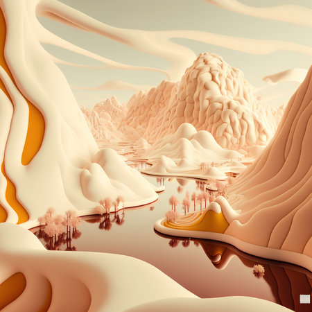 Desert landscape with lake and mountains. 3d render illustration.の素材