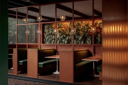Interior of a restaurant with brown walls, wooden floor and black walls. 3d renderの素材