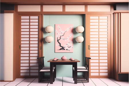 Interior of Japanese style room. 3D render, 3D illustrationの素材