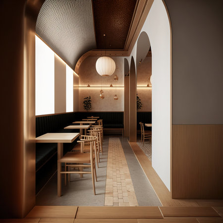Interior of a restaurant with brown walls, wooden floor and a wooden ceiling. 3d renderの素材