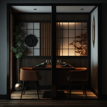 Interior of modern dining room with black walls, wooden floor, round table with orange chairs and round dining table. 3d renderの素材