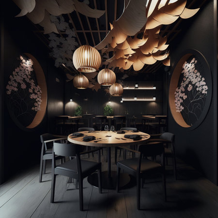 3d render interior of modern restaurant with black walls, wooden floor and round tables with black chairsの素材