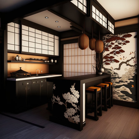 3D render of a Japanese style kitchen with black and white wallsの素材