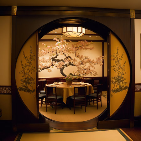 Interior of a Japanese restaurant with a tree in the foreground.の素材