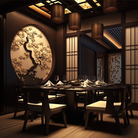 3d rendering of japanese style dining room in chinese styleの素材