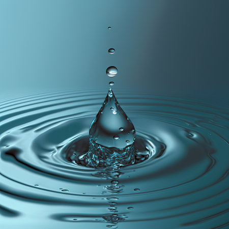 Water drop splash with ripples on blue background. 3d renderの素材