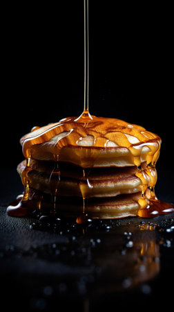 Pancakes with maple syrup and maple syrup on a black backgroundの素材