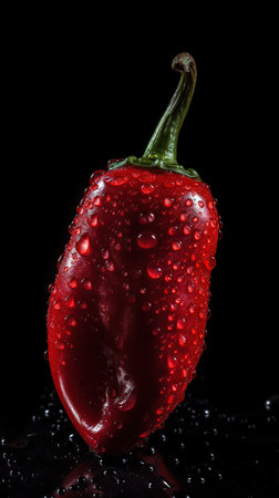Red hot chili pepper with drops of water on a black background.の素材