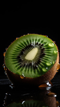 Kiwi fruit on black background with water drops, close upの素材