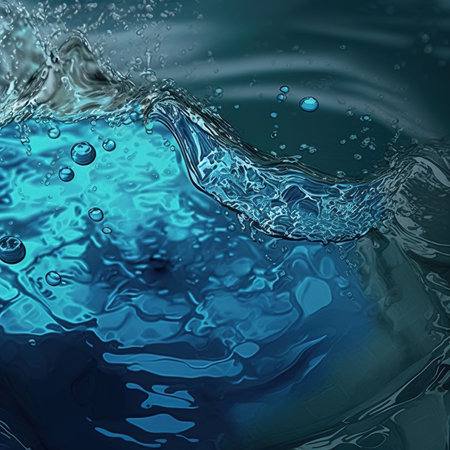 Blue water splash with bubbles on a dark background. 3d renderの素材