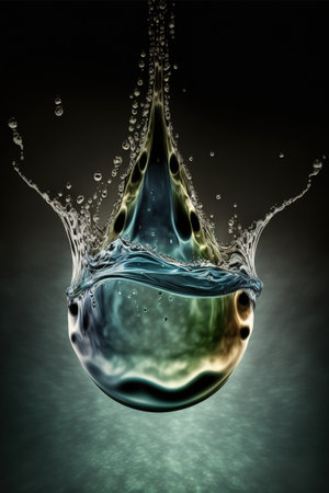 Water drop with water splash isolated on black background. 3d illustrationの素材