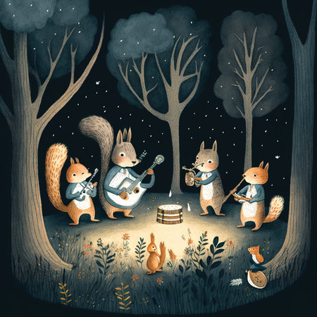 Cute squirrels playing musical instruments in forest. Watercolor illustrationの素材