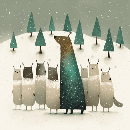 Cute llama family in winter forest. Merry Christmas and Happy New Year card.の素材