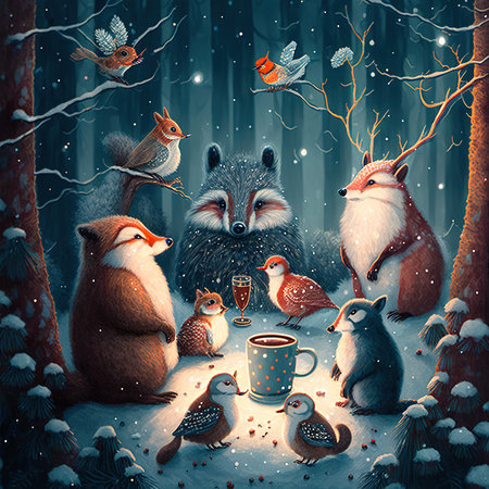 Winter forest with cute animals, birds and cup of hot drink.の素材