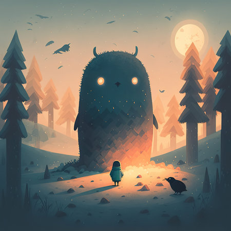 Fantasy landscape with a cute monster in the forest. Vector illustration.の素材