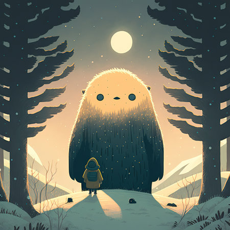 Vector illustration of a little boy in the forest at night with the moonの素材
