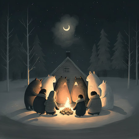 Illustration of a Christmas Nativity Scene with the Three wise men and a bonfireの素材