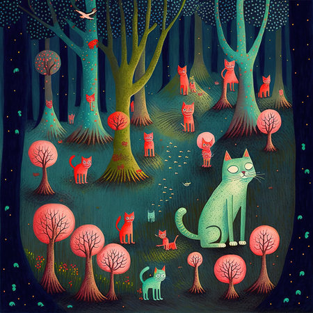 Cats and trees in the forest. Hand drawn vector illustration.の素材