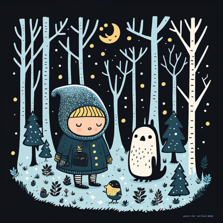 Cute cartoon penguin and snowman in forest. Vector illustration.の素材