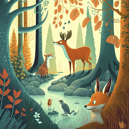 Forest landscape with wild animals in autumn season, vector cartoon illustration.の素材
