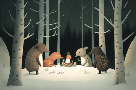 Hedgehog and hedgehog eating a cake in winter forest.の素材