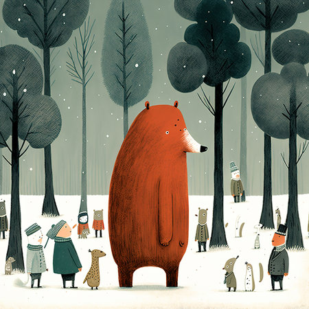 Hand drawn vector illustration of forest animals in winter. Cute cartoon style.の素材
