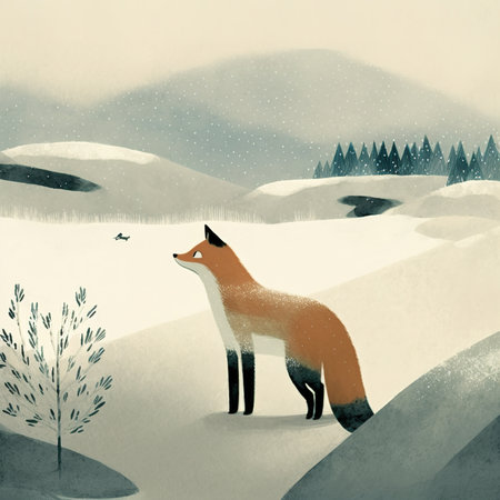 Watercolor illustration of a fox in the snowy forest. Winter landscape.の素材