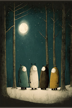 Three bears in winter forest with full moon on background, illustration.の素材