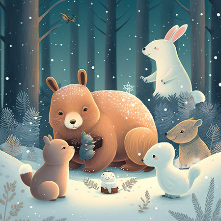 Cute cartoon characters in winter forest. Vector illustration for your designの素材