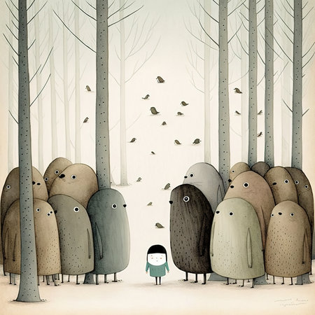 Little boy in a forest with his friends. Children's illustration.の素材