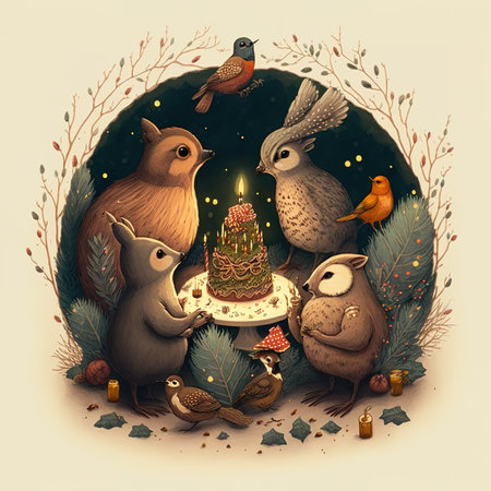 Happy birthday card with a group of owls and birds. Vector illustration.の素材